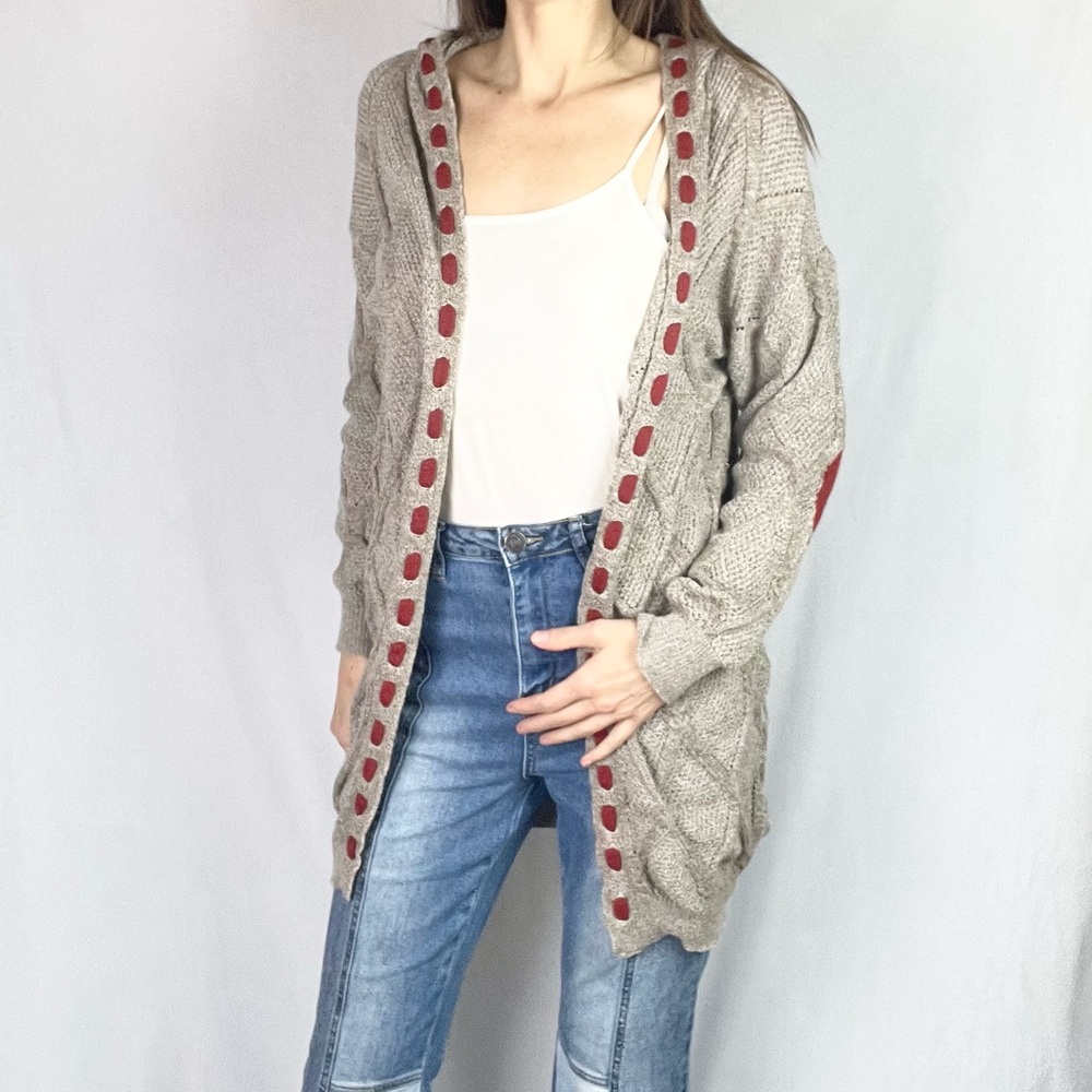 Beige Red Weave Trim Hooded Long Cozy Sweater Coat Cardigan